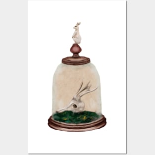 Watercolor White Rabbit and Deer Skull Dark Academia Cloche With Raven Botanical Green Moss Halloween Watercolor Posters and Art